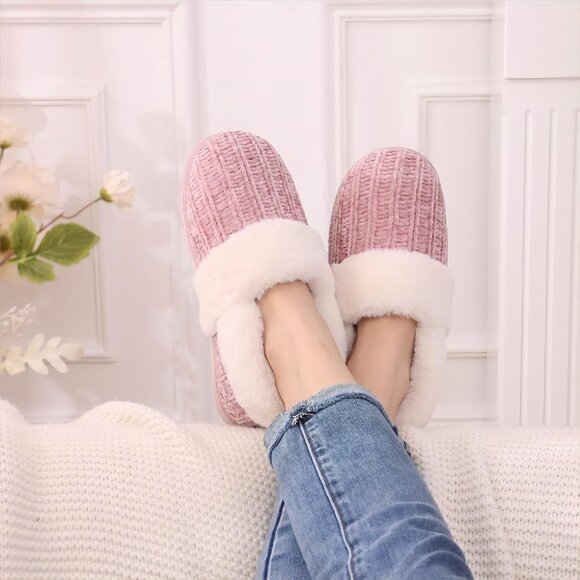 ⚡Women's Pink Fuzzy Memory Foam Slippers Closed Back Knit Slip-On House Shoes - Picture 2 of 6